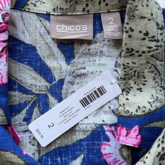 Chicos Tahiti Tropics Linen Jacket 3/4 Sleeve Size 2/L Corsican Blue Floral Prin - Picture 7 of 7